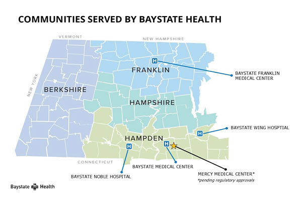 a map of Massachusetts showcasing the footprint of Baystate Health locations