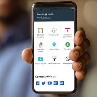 close up of a hand holding a cell phone showing a screenshot of the mybaystate patient portal app