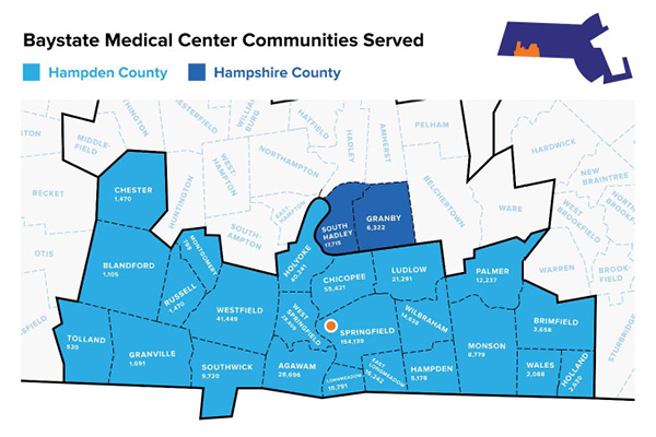 a map with highlighted cities and towns that baystate medical center serves