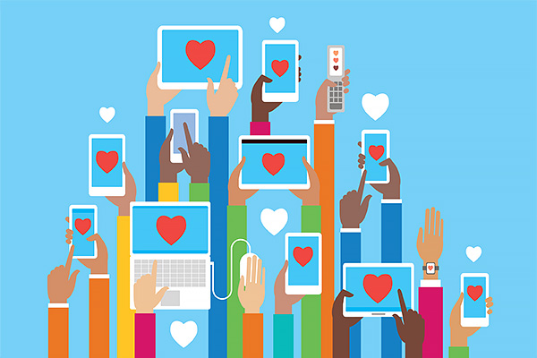 Digital equity graphic of many hands using phones, laptops and tablets.