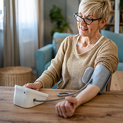 a woman with her sleeve rolled up, using an at-home blood pressure machine to check her blood pressure