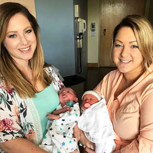 baystate health patients emily warner and elizabeth godin posing with their newborn babies