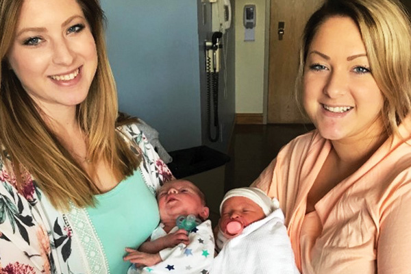 baystate health patients emily warner and elizabeth godin posing with their newborn babies