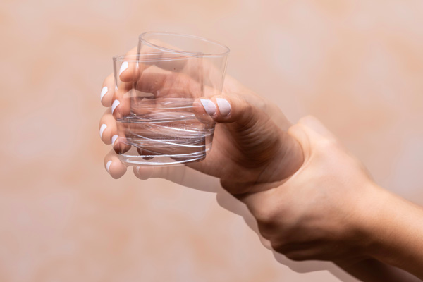 hand uncontrollably shaking while holding a glass of water for essential tremors event